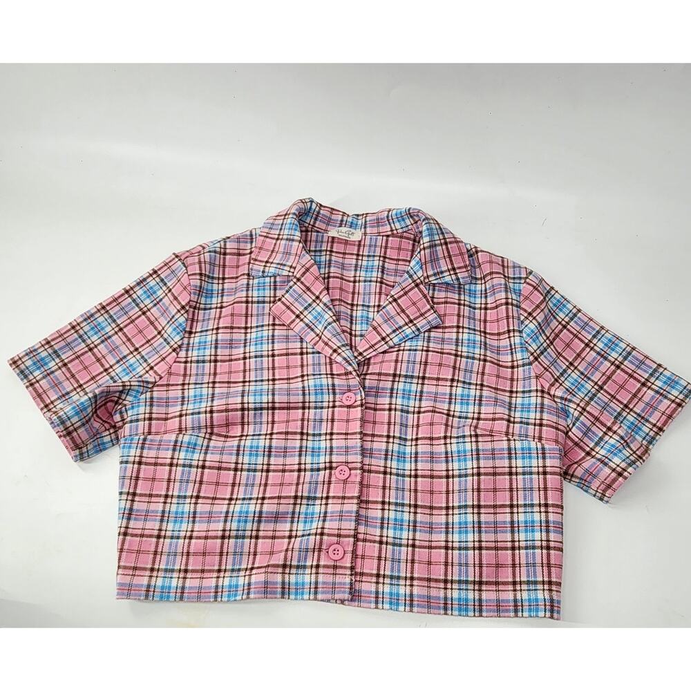 John Galt Cropped Button Up Shirt Womens One Size Pink Preppy Plaid Y2K